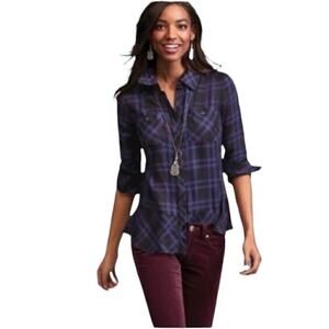Cabi Moody Blue Long Sleeve Button-Down Plaid Peplum Shirt Size S